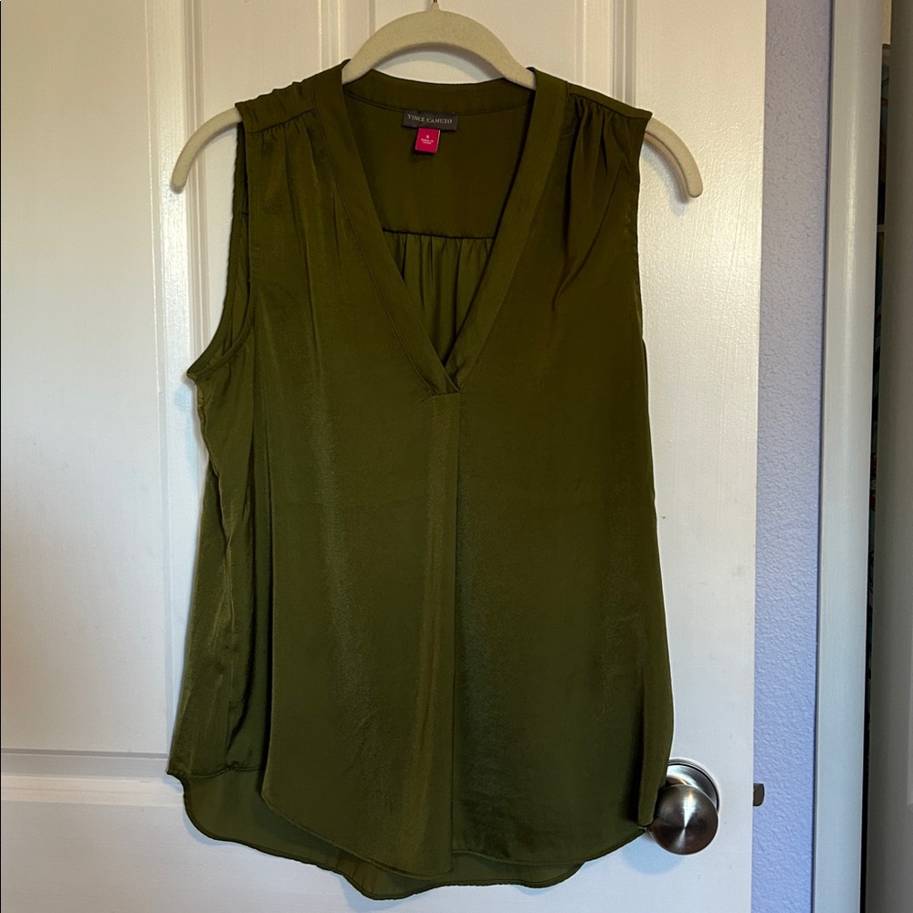 Summer Work Blouse: Olive Pleat Back, Flowy, Sleeveless